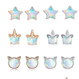 Stud 10Mm 925 Silver Earrings Cute Cat Unicorn Star Blue Opal Earring For Women Girls Original Gold Jewelry Drop Delivery Dhwlp