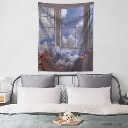 Tapestries Dream Blue Sky Cloud Tapestry Wall Hanging Window Moon Landscape Wall Cloth Tapestry Bedroom Dorm Aesthetic Room Decor R230816