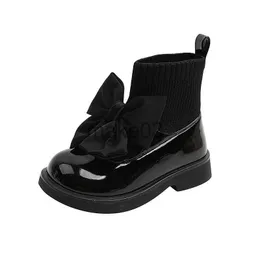 Stövlar Barnstövlar Fashion Pu Solid Black Bow Girls Uniform 2022 Spring and Autumn New Kids Fashion Flying Knit School Socks Shoes J230816