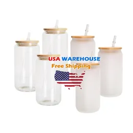 CA USA Warehouse مخزنة 16 أوقية صافية الفراغات الفراغات الزجاجية ماسون جرة علبة كوب زجاجي مع غطاء الخيزران والقش