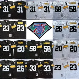 1967 1975 1994 Retro Futebol 58 Jack Lambert Jerseys 31 Donnie Shell 26 Rod Woodson 23 Mike Wagner 33 Merril Hoge 20 Rocky Bleier Man 75º Vintage Preto Branco