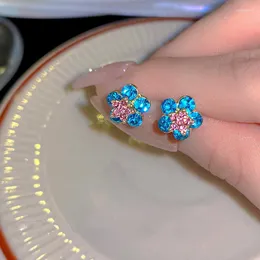 Studörhängen ljus lyxig blå kristallblomma för kvinnor flickor koreanska mode rosa stjärna hänge öronresor smycken
