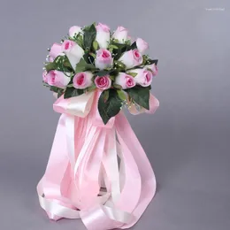Flores de casamento 2023 Belas feitas artesanais 24 PCs Rose Pearls Rose Bride Bridal Lace Accents Bouquets com fita