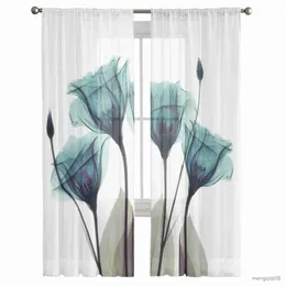 Curtain Flower Summer Teal Sheer Curtains for Living Room Printed Tulle Window Curtain Luxury Home Balcony Decor Drapes