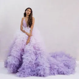 Casual Dresses Gradient Lavender Fluffy Tiersed Wedding Clowns Deep V-Neck Backless Puffy Tutu Tulle Bridal Garden Long