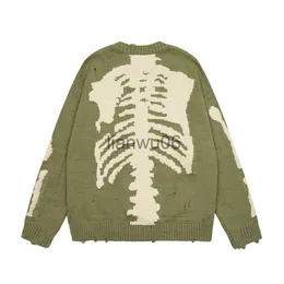 Men's Sweaters Back Skull Bone Green Hole Pullover Sweater for Men and Women Baggy Y2K Ropa Hombre Sueter Masculino Autumn Knit Tops Oversize J230806