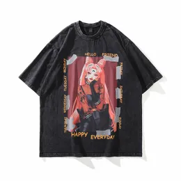 Seção japonesa Anime Vintage Lavado de rua de grandes dimensões desenhos animados Homem camisetas de alta qualidade Moda de verão Camisetas causais