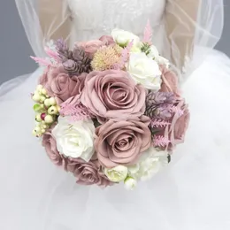 Flores de casamento Rosas rosa empoeiradas buquê de mala de malas de 10 polegadas com marfim ramo para lanzar de boda