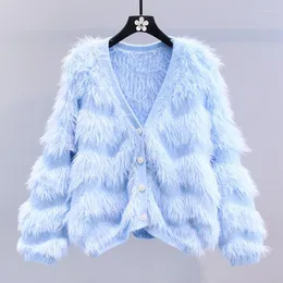 Women's Knits Imitation Mink Fleece Sweater Fashion Coat Autumn/Winter 2023 Loose Versatile V-neck Knitted Cardigan