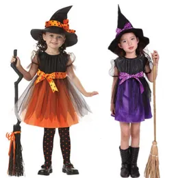 Occasioni speciali per bambini costume da strega costume per bambini abito a manicotto corto con cappello a punta a pois con il nastro per la festa delle fiabe di Halloween 230815