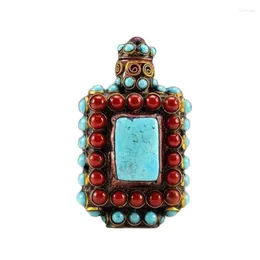 Dekorativa figurer Kinesiska gamla Tibet Silver Cloisonne Pärlor Vackra turkos snusflaska