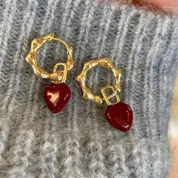 Dangle Earrings Fashion Metallic Bamboo Wine Red Heart For Women 2023 Creative Jewelry Wholesale