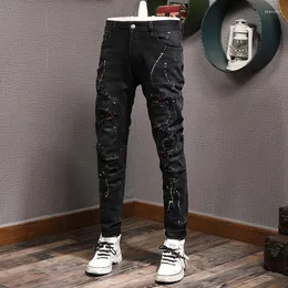 Herr jeans mode streetwear män svart färg stretch elastisk smal fit lappad rippad målad designer hip hop byxor hombre