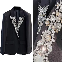 Siyah lüks erkekler düğün blazer 2 adet kristal zirve yaka smokin ince fit damat giymek balo parti ceketi özel yapılmış