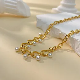 Цепочка девочек Женские ожерелье колье из нержавеющей стали цепь с жемчужными украшениями 15 дюймов 6 см. Золото.