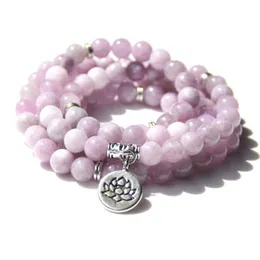 Charm Armband Ruberthen 6 mm A Grad Kunzite 108 Mala Armband Womens Lotus Yoga Gemstones Beads Rosary Necklace 230816