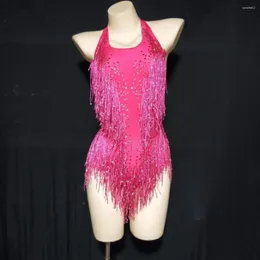 Stage Wear Rose Red Bribly Rhinestones Fringes Body Women Sexy Club Outfit Dance Bance Dance Showgirl Performance Leotard