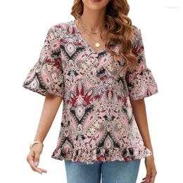 Women's T Shirts Womens Flared Half Sleeve V-Neck Blouses Boho Vintage Paisley Floral Printed Ruffle Hem Casual Loose T-Shirts Tunic Tops