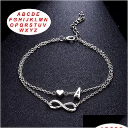 Moda de mangueira 925 Sier infinito Love Heart Bracelets 26 Letras Iniciais Pulseira de tornozele