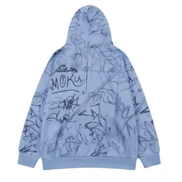 Hip Hop Zipper Hoodie Coat Coat Embroidery Graffiti Print zip sweatshirt معطف محرك أقنعة كبير الحجم