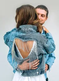 Jaquetas femininas personalizadas jaqueta de noiva com coração aberto costas jjacket casamento jean denim personalizado noiva data 230815