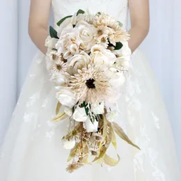 Bröllopsblommor Champagne White Silk Bridla Bouquets för årsdag Romantisk kastande bukett Artificial Ramo Novia