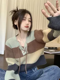 Frauenpullover Hikigawa Casual Kontrast Farbe gestreifte Frauen gegen Nacken Langarm Lose Pullover süße Kumpel -Jumpern