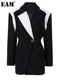 Kobiety damskie Blazery Eam Women Black White Colorblock Elegancka lapa Lapel Long Rleeve Jacket Fashion Spring Autumn 1DF076201 230815