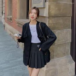 Frauenanzüge schwarzer Tweed Blazer Coat 2023 Herbst Frauen Vintage Elegant Single Breaced V-Ausschnitt Lose Korean Casual Jacket Outerwear 0009 0009