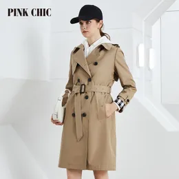 Trench femminile poppate pink chic primavera a vento autunno a vento a metà lunghezza colletto donna a doppia cintura in vita a doppia cintura elegante pendolarismo britannico 806 230815