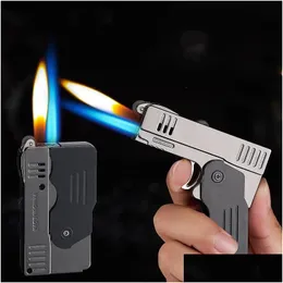 Rökande rör Novel Butane Gas Torch Lighter Double Fire Deformation Pistol Jet Windproof Cigarett Flint slipning Hjul Gadgets Dro DHY20