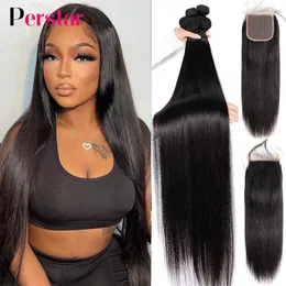 Synthetic Wigs Perstar Straight Human Hair Bundles With Closure Brazilian Weave Pre Plucked 230815
