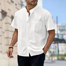 Mäns casual skjortor män stand-up krage skjorta retro sommarstativ kort ärm lappfickan streetwear stil för en klassisk
