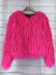 Autumn Winter Jackets för kvinnor 2023 Elegant O Neck Loose Fluffy Faux Päls Coat Women Pink White Jacket Fur Cardigan Tops