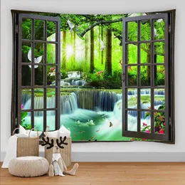 Tapeçarias cenário natural tapeçaria bela floresta janela cachoeira cenário sala de estar parede lona decoração para casa