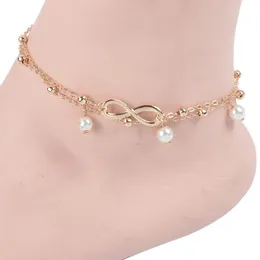 Boho żeńskie kostki podwójnie warstwowe sandały boso imitujące perłowe kostki biżuterii dla kobiet na stóp kostki bransoletki