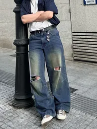 Jeans masculinos Vintage Belraggy Baggy Wide Legal Men Wastable Calças casuais laváveis ​​y2k desgastado calças lisadas de hiphop