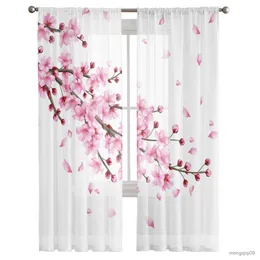 Curtain Spring Cherry Blossom Gradient Tulle Curtains for Living Room Bedroom Decor Chiffon Sheer Kitchen Window Curtain Drapes