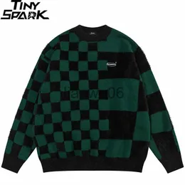 Herrtröjor 2023 unisex streetwear schack pläd tröja avslappnad stickad tröja hip hop pullover män harajuku rutig tröja mjuk y2k grön j230806