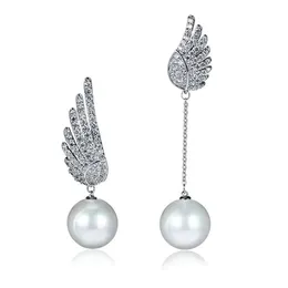 Fashion Lady Angel Wings Crystal Artificial Pearl Pendant Asymmetrical Earrings Earrings Cheap Marketing Gift