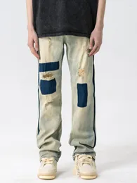 Men's Pants Jeans BlueBlack Washed Cotton Stitching Loose Straight Retro Fashion High Street Casual Four Seasons Universal 1Pc