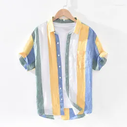 남성용 캐주얼 셔츠 2023 남성 여름 패션 일본 스타일 밝은 색상 줄무늬 짧은 슬리브 싱글 가슴 순수 리넨 고품질 남성