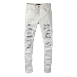Мужские джинсы высокий растяжение тощая разорванная белая расстроенная уличная одежда