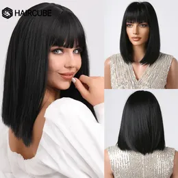 Cosplay Wigs Haircube Short preto reto de cabelo natural síntéticos Bob peruca para mulheres resistentes a calor diariamente lolita com fibra de franja 230815