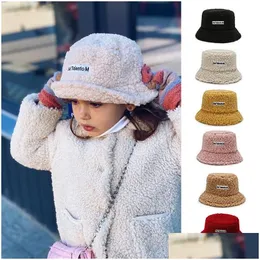 Cloches Winter Baby Girl Boy Bucket Hat Cute Lamb Wool Letter Kids Fisherman Solid Flat Top Hats Children Outdoor Thick Warm Sun Drop Dhlen