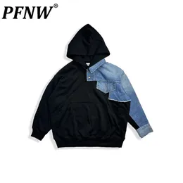 Erkek Hoodies Sweatshirts Pfnw Bahar Sonbahar Denim Patchwork kapüşonlu kapüşonlu Darkwear Baggy Casual Pamuk Düğmesi Yüksek Sokak Altılar 28A0088 230815