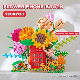Bloki Kreatywne romantyczne wieczne bloki budynków kwiatowych Bukiet Bukiet Phone Rose Model Montaż Brick Home Decoration Prezent dla dzieci R230817