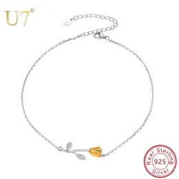 Anklets U7 925 Sterling Silver Anklet Women Barefoot Leg chain Rose Flower Bracelet Summer Beach Jewelry Gift لعيد الأم 230816