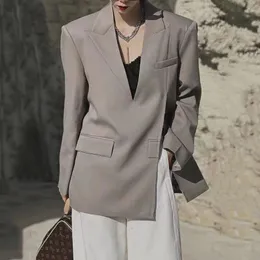 Women's Suits Minimalist Blazers For Women Gray Black Long Sleeve Patchwork Pocket Side Split V-Neck Fashion High Street Female Loose Coat