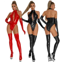 Sexy Set Women Sexy Lace Up Lingerie Bodysuit PU Leather Mock Neck Body Suit Glossy Zipper Catsuit for Club Pole Dancing Fishnet Bodysuit 230817
